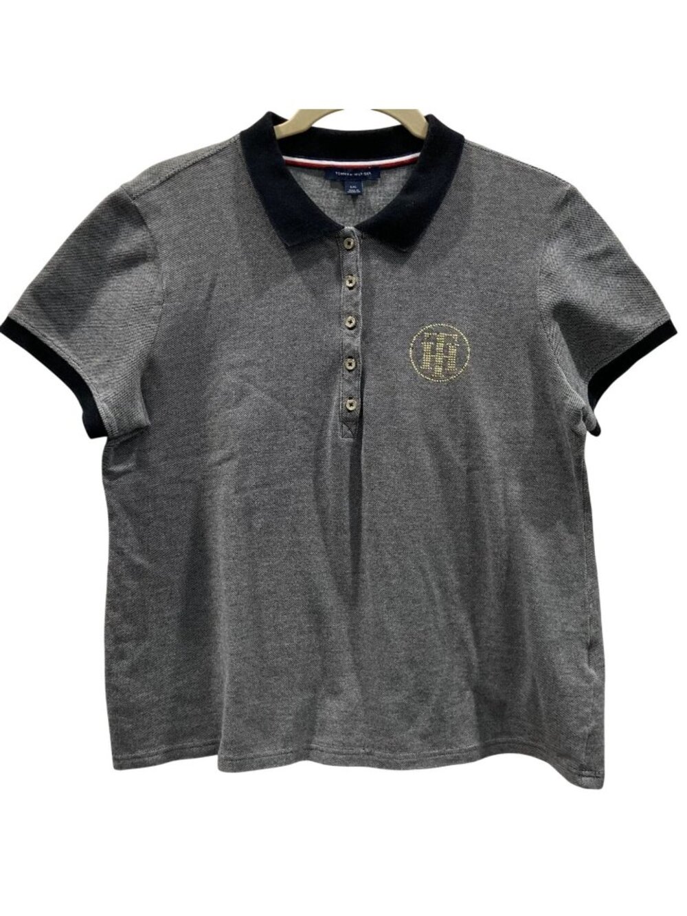 Vintage Y2K Tommy Hilfiger Polo Shirt sz L Black Grey Cotton Casual Golf Preppy